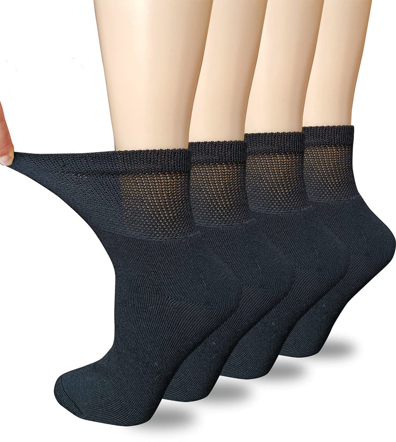 [Australia] - VEIGIKE Women Extra Wide Comfort Fit Loose Fit Quarter Socks Moisture Wicking Cushion Diabetic Socks Loose Fit for Wide Swollen Feet Ankle 4 pairs 9-11, Black, One Size 