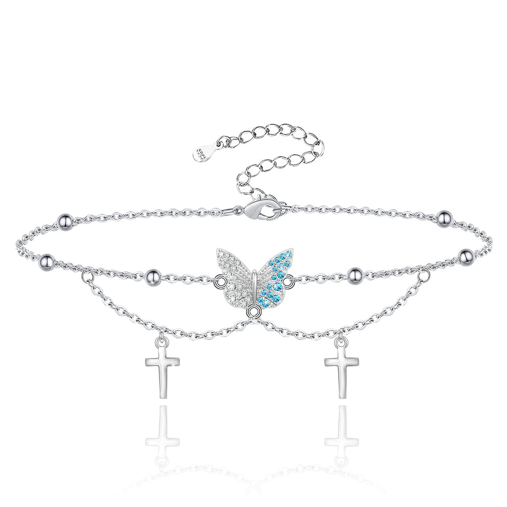 [Australia] - ATTRACTTO Butterfly Anklet for Women 925 Sterling Silver Layered Cross Ankle Bracelet Adjustable Foot Anklets Jewelry Gifts for Women Wife Girls Cross Butterfly Anklet 