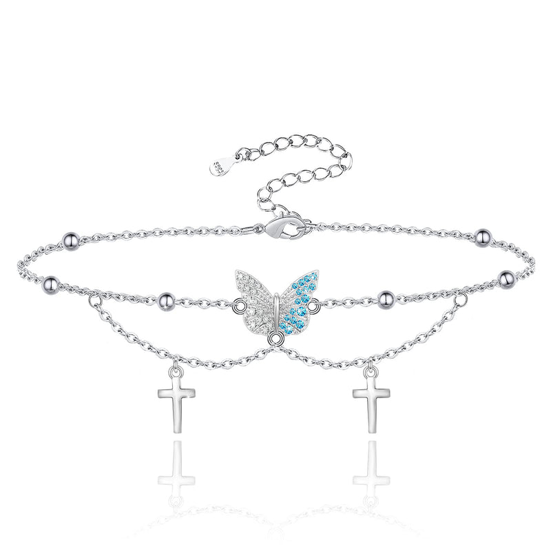 [Australia] - ATTRACTTO Butterfly Anklet for Women 925 Sterling Silver Layered Cross Ankle Bracelet Adjustable Foot Anklets Jewelry Gifts for Women Wife Girls Cross Butterfly Anklet 