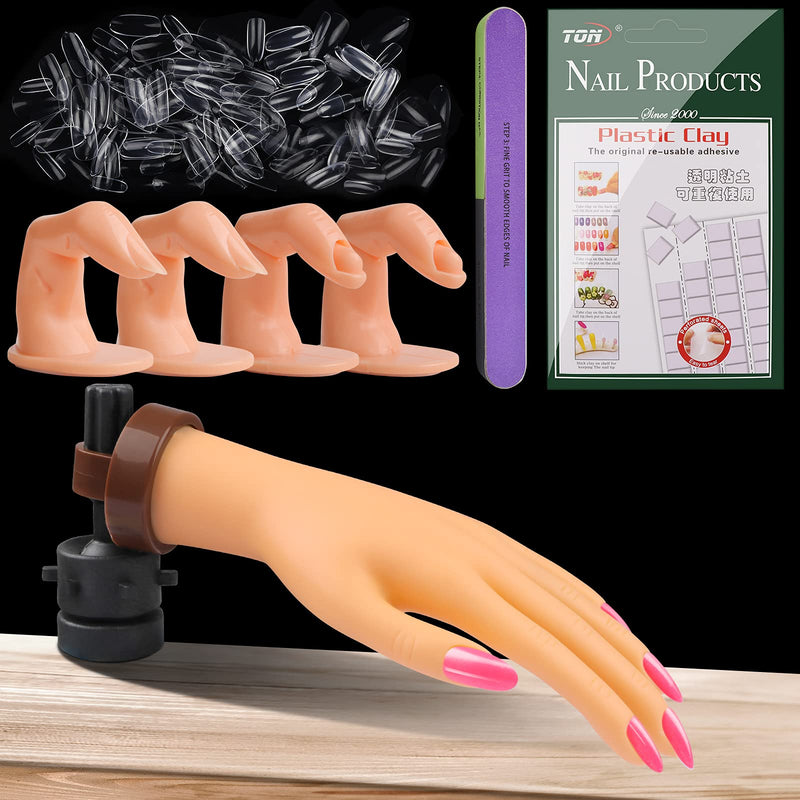 [Australia] - Kalolary Practice Hand with Stand for Acrylic Nails Flexible Nail Art Training Hand for Nails Practice with Practice Manicure Finger False Nails Tip Adhesive Nail Putty Clay Nail File 