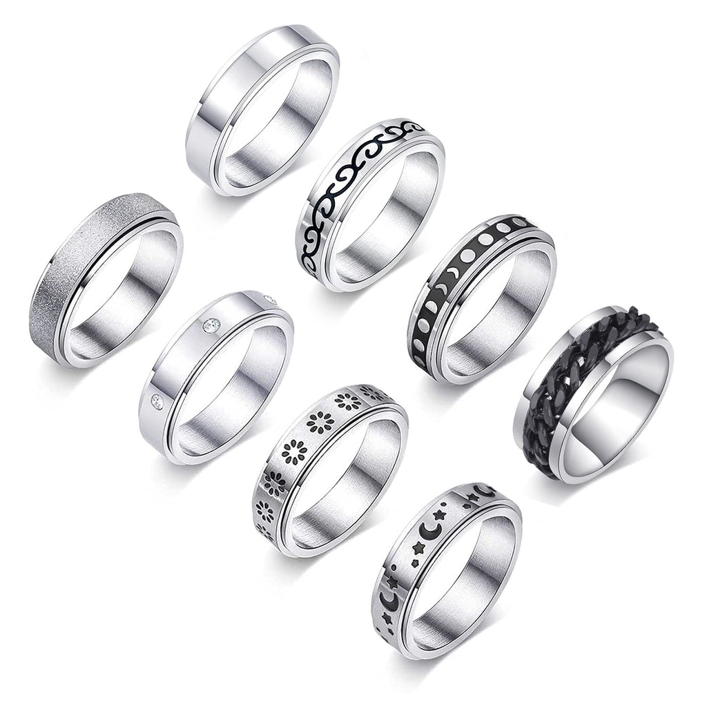 [Australia] - FUNEIA 8Pcs Anxiety Ring for Women Men Stainless Steel Fidget Ring Spinner Ring Set Moon Star Chain Spins Meditation Rings Stress Relieving Band Rings Wedding Promise Rings Size 6-10 