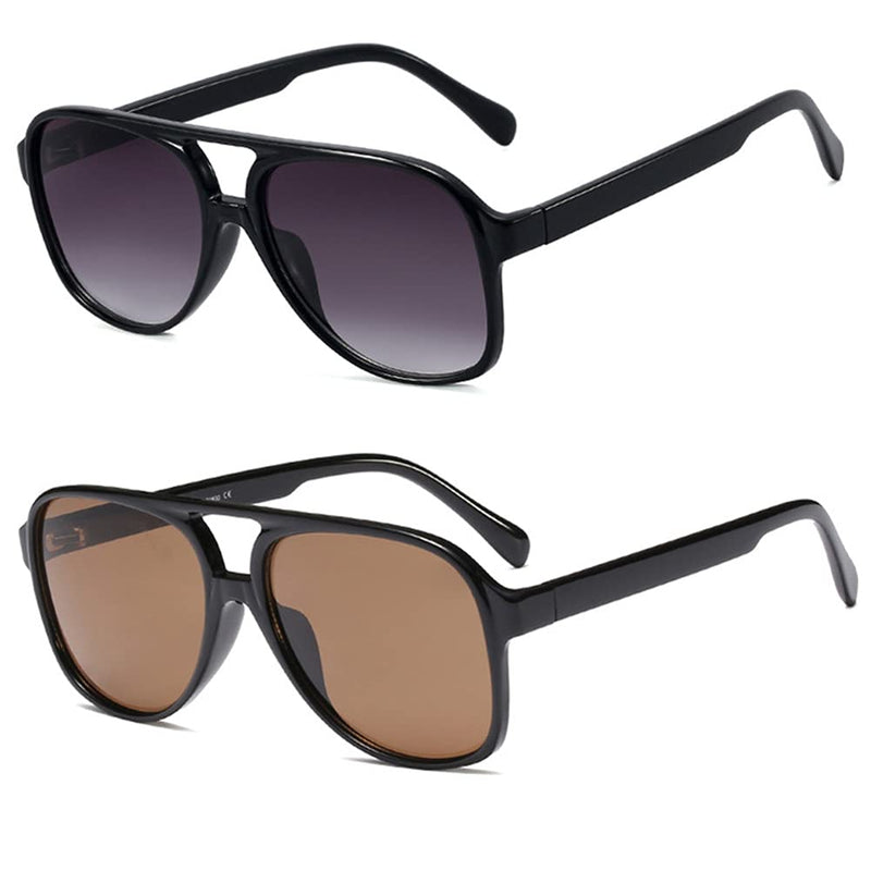 [Australia] - LASPOR Vintage Retro Sunglasses for Women and Men Large Frame Classic 70s Glasses Squared Aviator Shades UV400 Protection Black + Brown 