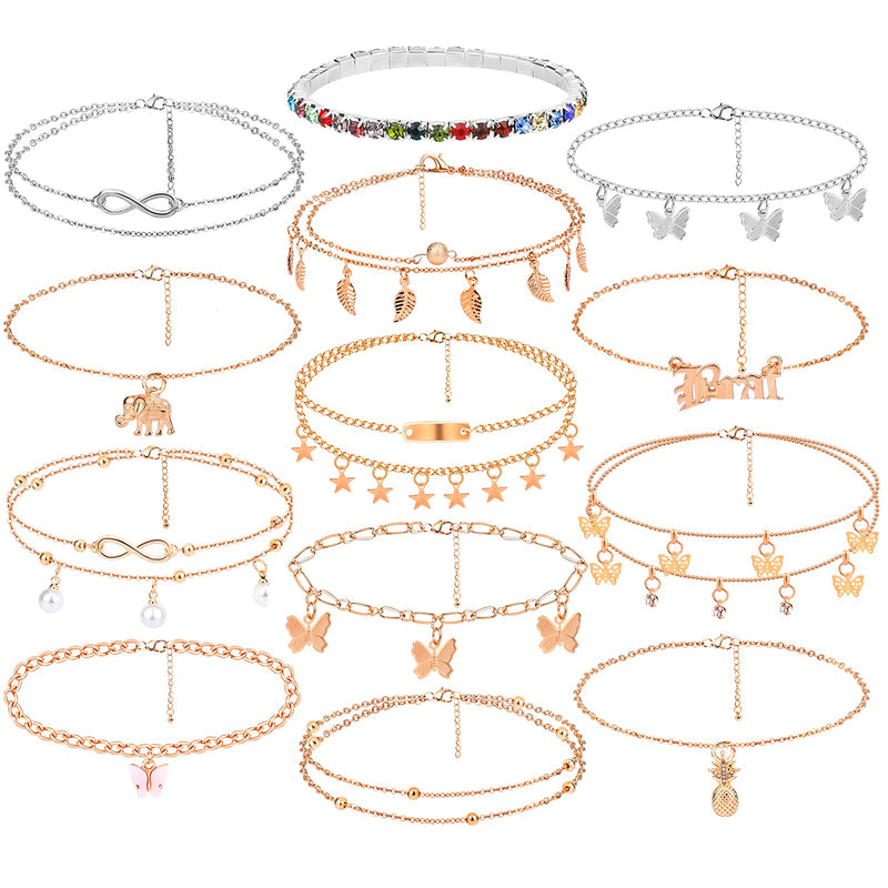 [Australia] - Mukum 13Pcs Cute Anklet Bracelets for Women Boho Butterfly Anklets Gold Beach Anklets Colorful Rhinestone Anklet Adjustable Chain Beach Jewelry for Women Teen Girls Gifts 