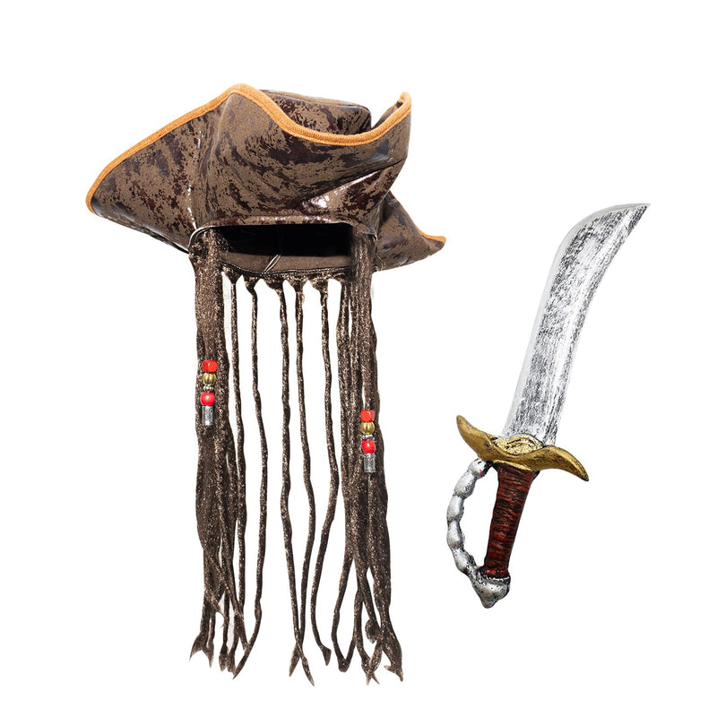[Australia] - Set of 2,Pirate Hat with Dreadlocks Caribbean Pirate Hat & Knife Pirate Hat Beaded Dreadlocks for Pirate Costume Accessories 