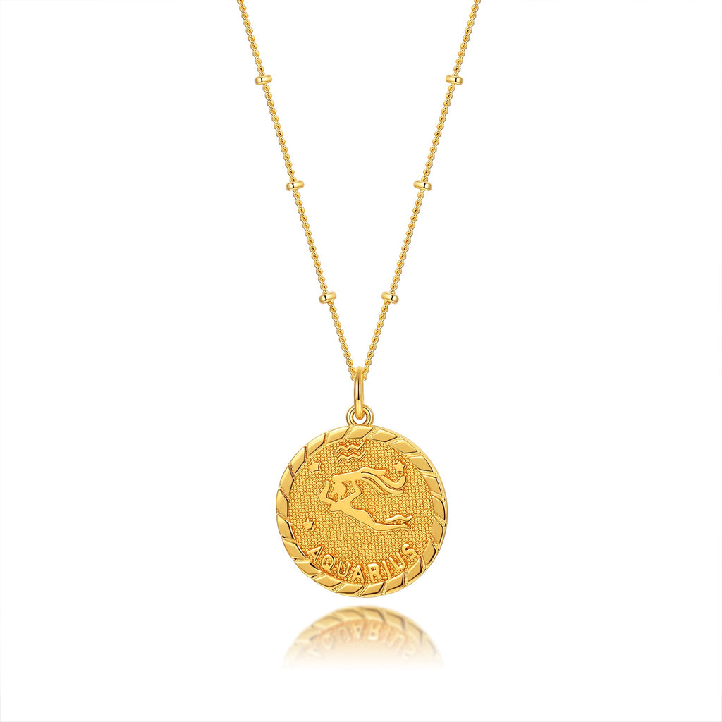 [Australia] - espere Astrology Zodiac Necklace in Gold | Horoscope Zodiac Pendant Coin Medallion Necklace 18-20'' Aquarius - Jan 20 - Feb 18 