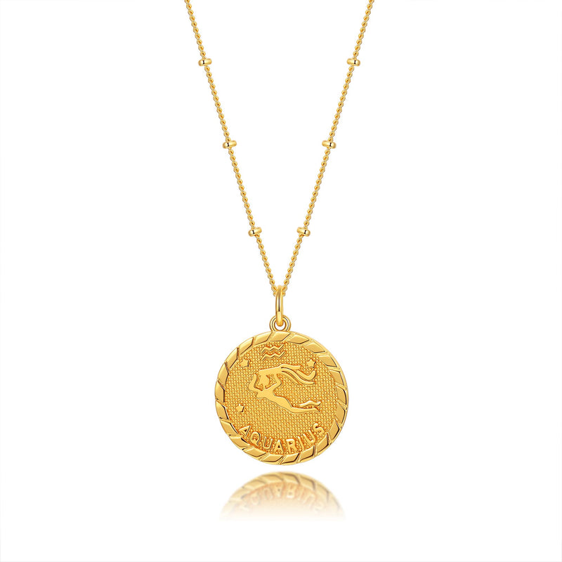 [Australia] - espere Astrology Zodiac Necklace in Gold | Horoscope Zodiac Pendant Coin Medallion Necklace 18-20'' Aquarius - Jan 20 - Feb 18 