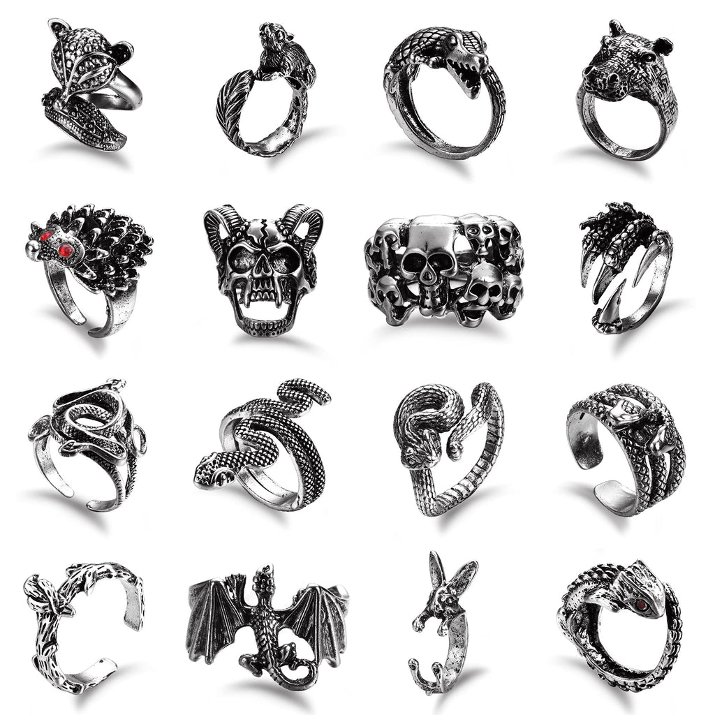 [Australia] - ORAZIO 16Pcs Gothic Open Rings Set for Men Women Punk Adjustable Snake Dragon Claw Animal Rings Vintage Goth Skull Rings Indie Aesthetic 16PCS Rings 