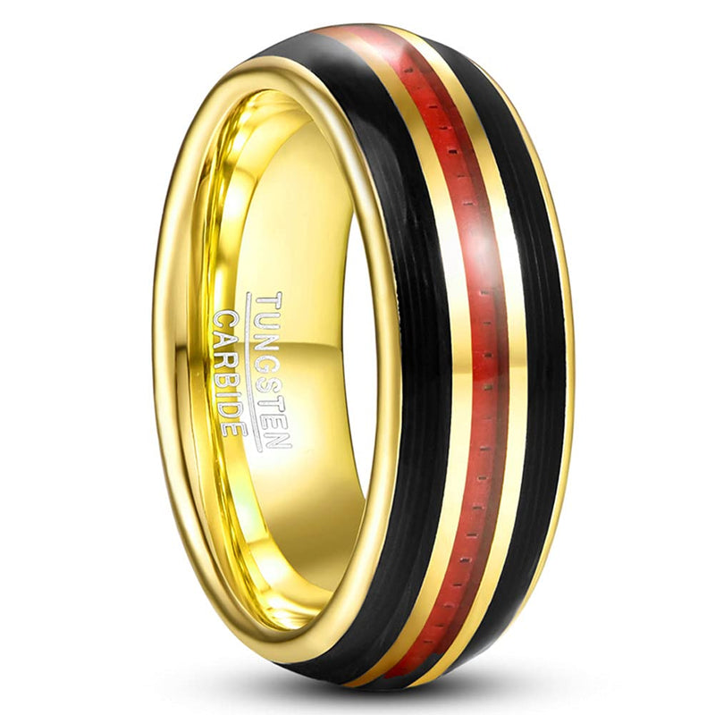 [Australia] - Corato Gold Tungsten Carbide Rings for Men Women 8mm Black Guitar String and Red Carbon Fiber Inlay Polished Dome Wedding Band Comfort Fit Size 7-12 
