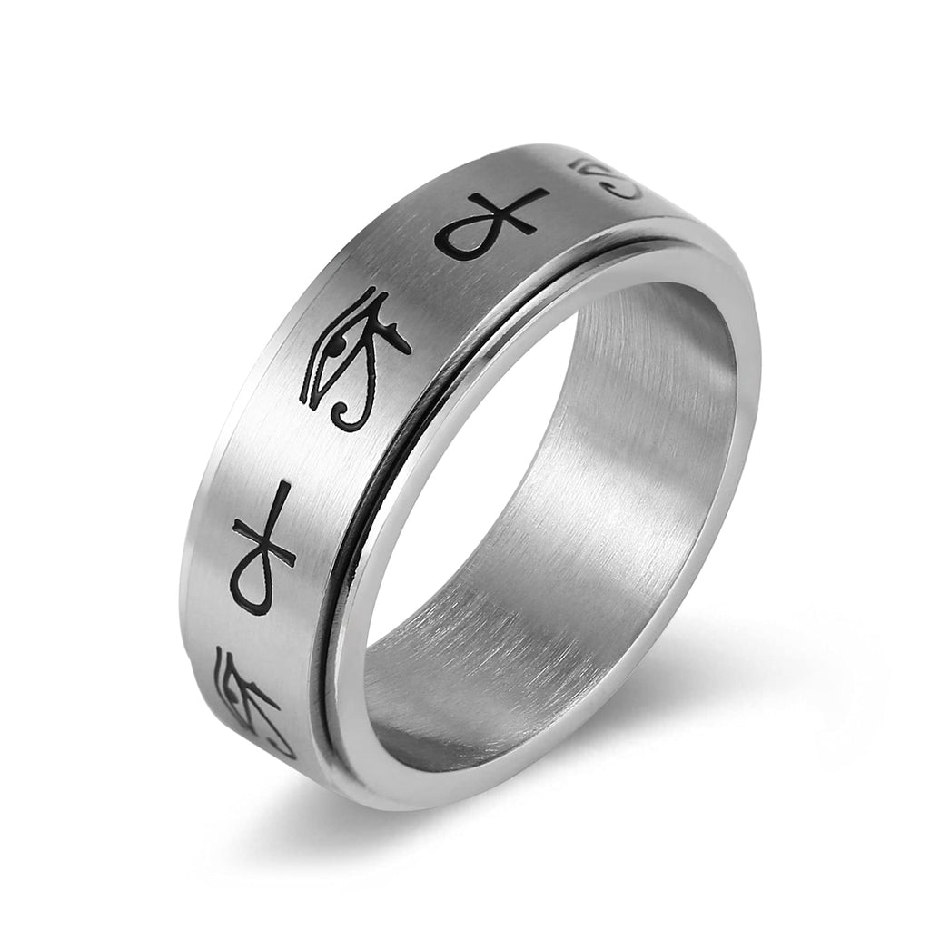 [Australia] - HZMAN Man Women Egypt Eye of Horus Ankh Cross Rotating Fine Tuning Stainless Steel Ring Silver 7 