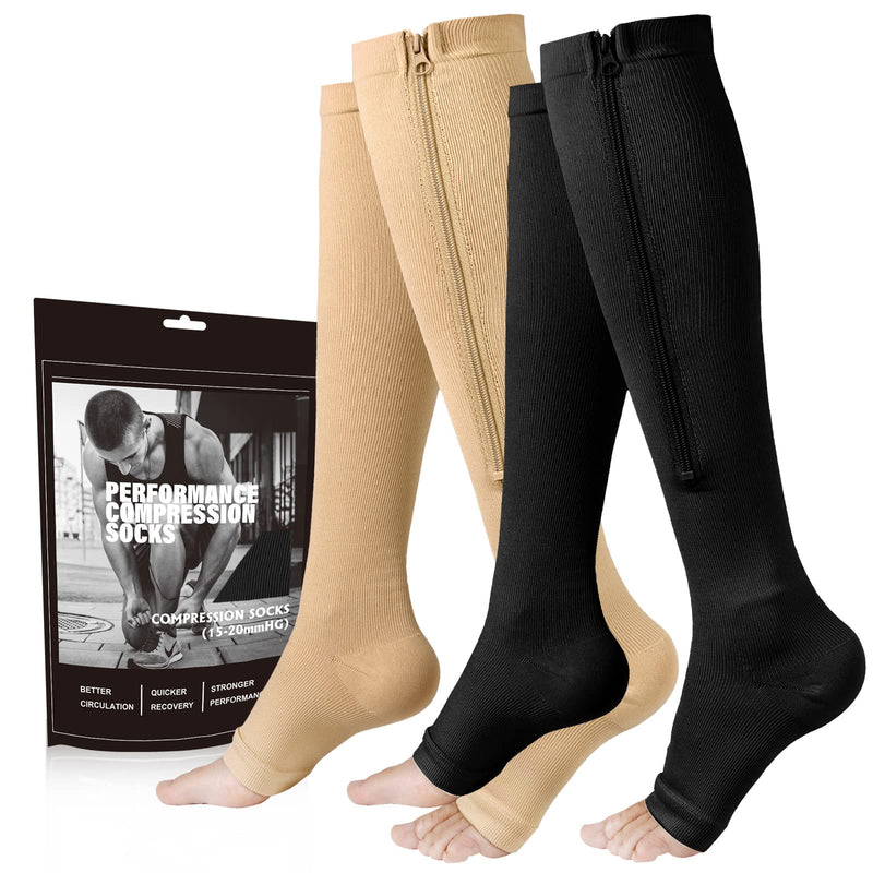 [Australia] - Zipper Compression Socks - 2 Pairs Open Toe Compression Stockings for Men Women 15-20mmHg Black/Nude - Compression Socks Large-X-Large 