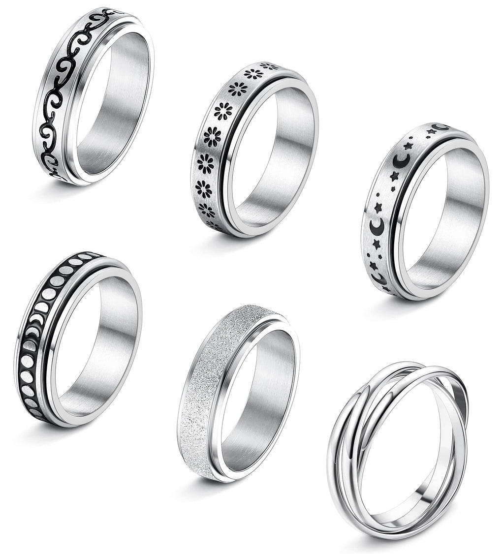 [Australia] - LOLIAS 6Pcs Spinner Rings for Women Men Stainless Steel Fidget Band Rings Moon Star Sand Blast Finish Anxiety Rings for Stress Relieving Wedding Promise Rings Set 5 