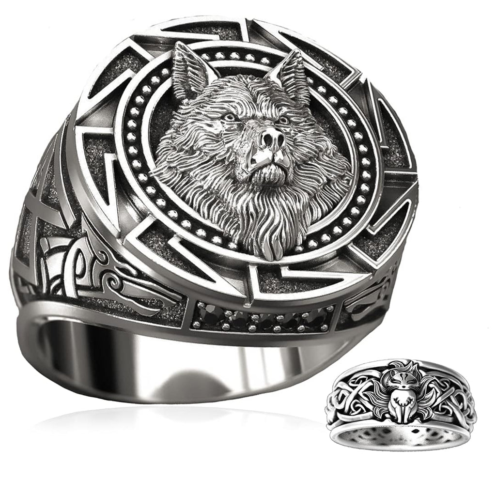 [Australia] - MYLY Viking Rings for Men,Stainless Steel Celtic Wolf Head Ring,Pirate Compass Norse Ring for Men,All Package Come With Another Ring A 7 