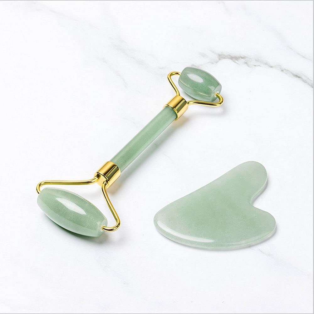 [Australia] - Jopuzia Natural Jade Roller for Face and Gua Sha Set - Beauty Cosmetic Facial Skin Roller Massager Tool (Green Heart set) Green Heart set 