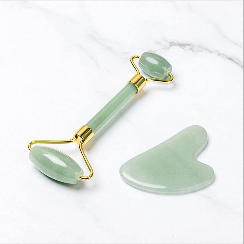 [Australia] - Jopuzia Natural Jade Roller for Face and Gua Sha Set - Beauty Cosmetic Facial Skin Roller Massager Tool (Green Heart set) Green Heart set 