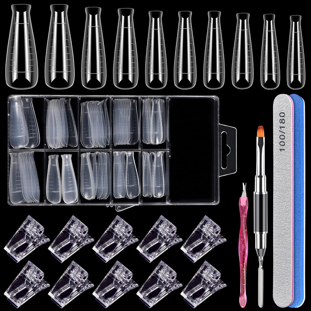 [Australia] - Dual System Form, MORGLES Clear Extension Forms T Shape Dual Nail Form Set with 100pcs Gel Nail Molds Nail Tip Clips Gel Brush Pen Nail files Nail Dual Forms for Ploygel Blue 