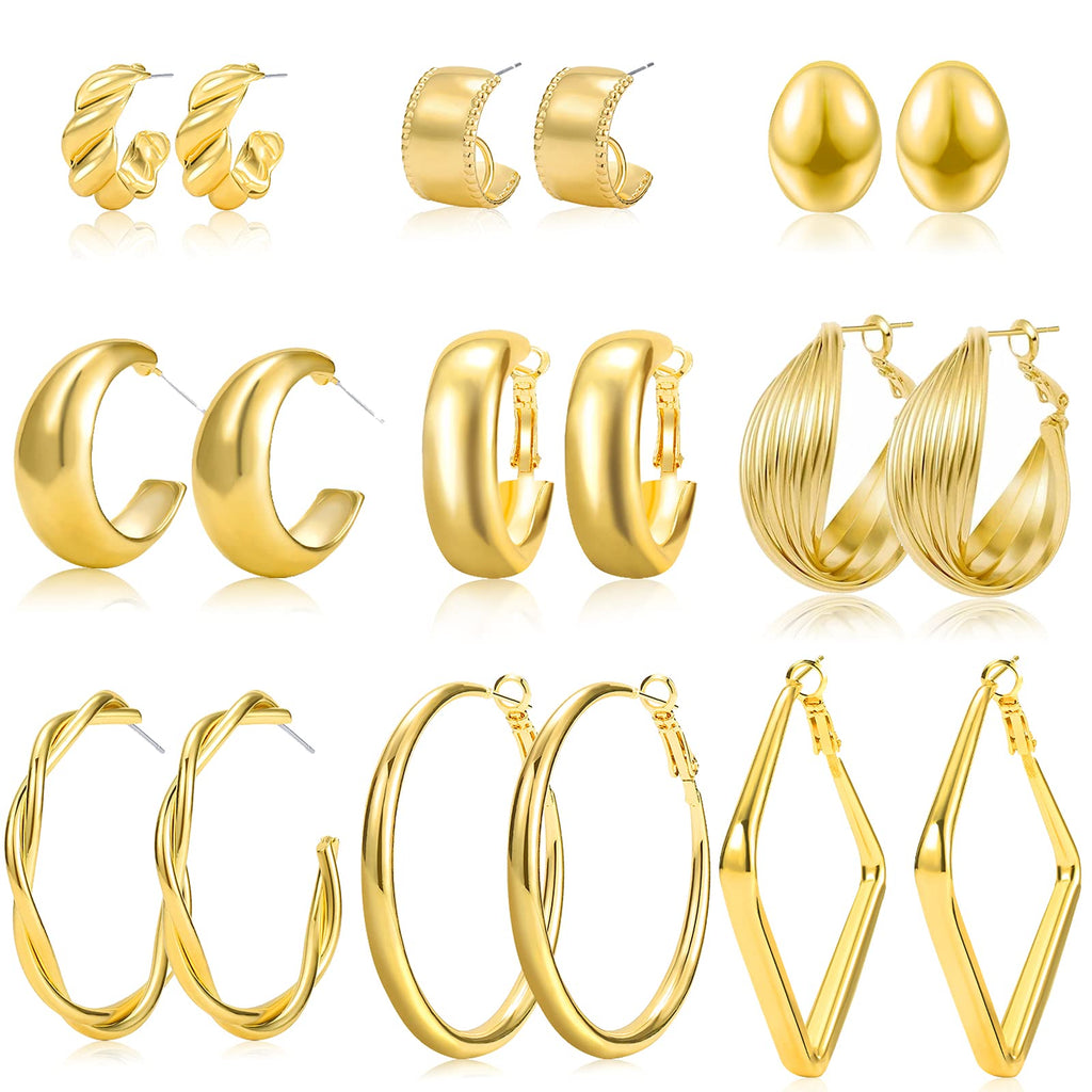 [Australia] - Chunky Gold Hoop Earrings Set for Women, 9 Pair 14K Gold Plated Thick Open Small/Big Hoops Jewelry Gift A-Gold 