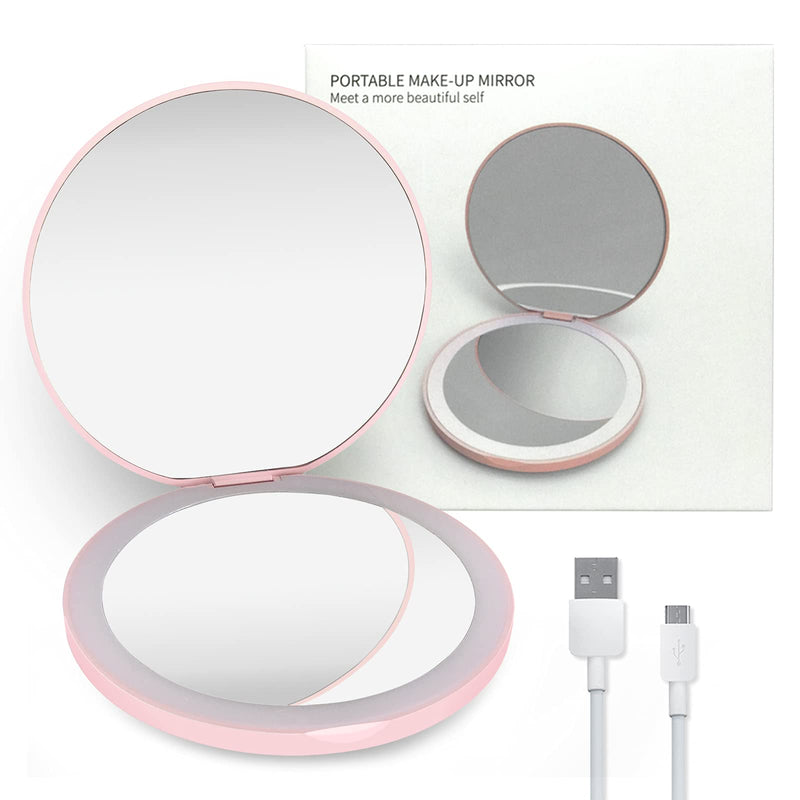 [Australia] - Compact Travel Mirror - Yiculkw LED Travel Makeup Mirror, 3.5 inch Rechargeable led Lighted Makeup Mirror, 2X Magnification, Handheld, Double Sided, Portable Folding Mirror for Pocket, Purse, Gift Pink 
