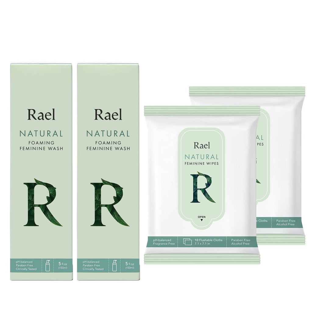 [Australia] - Rael Natural Feminine Cleansing Wash & Flushable Feminine Wipes Bundle - pH-Balanced, Artificial Fragrances Free, All Skin Types (Total 10 Oz, 20 Count) 