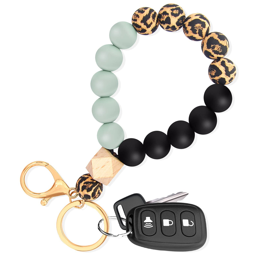 [Australia] - Key Ring Wristlet Keychain Bracelet Silicone Beaded Car Keys Ring for Women Grey,leopard,black 