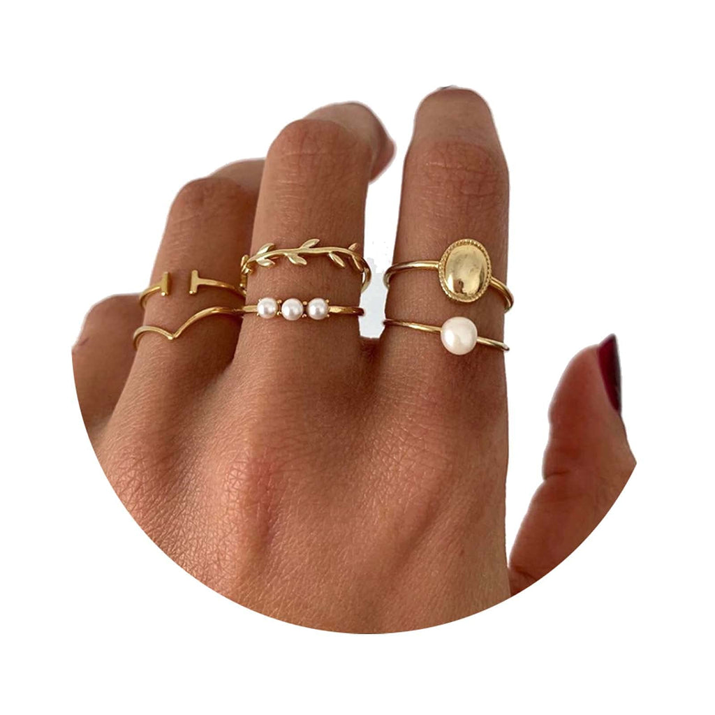 [Australia] - Yheakne Boho Stacking Rings Set Gold Pearl Knuckle Rings Minimalist Midi Finger Rings Carved Joint Rings Set for Women and Girls Style A 