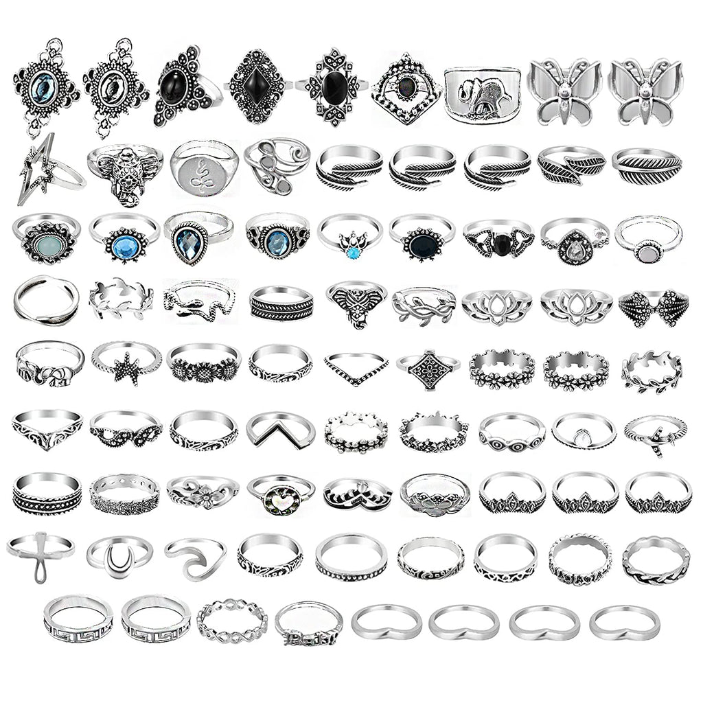 [Australia] - 80Pcs Vintage Knuckle Rings Set,Silver Rings for Women Teen Girls,Stackable Midi Finger Rings,Bohemian Punk Snake Butterfly Elephant Rings Fashion Rings Pack Jewelry 