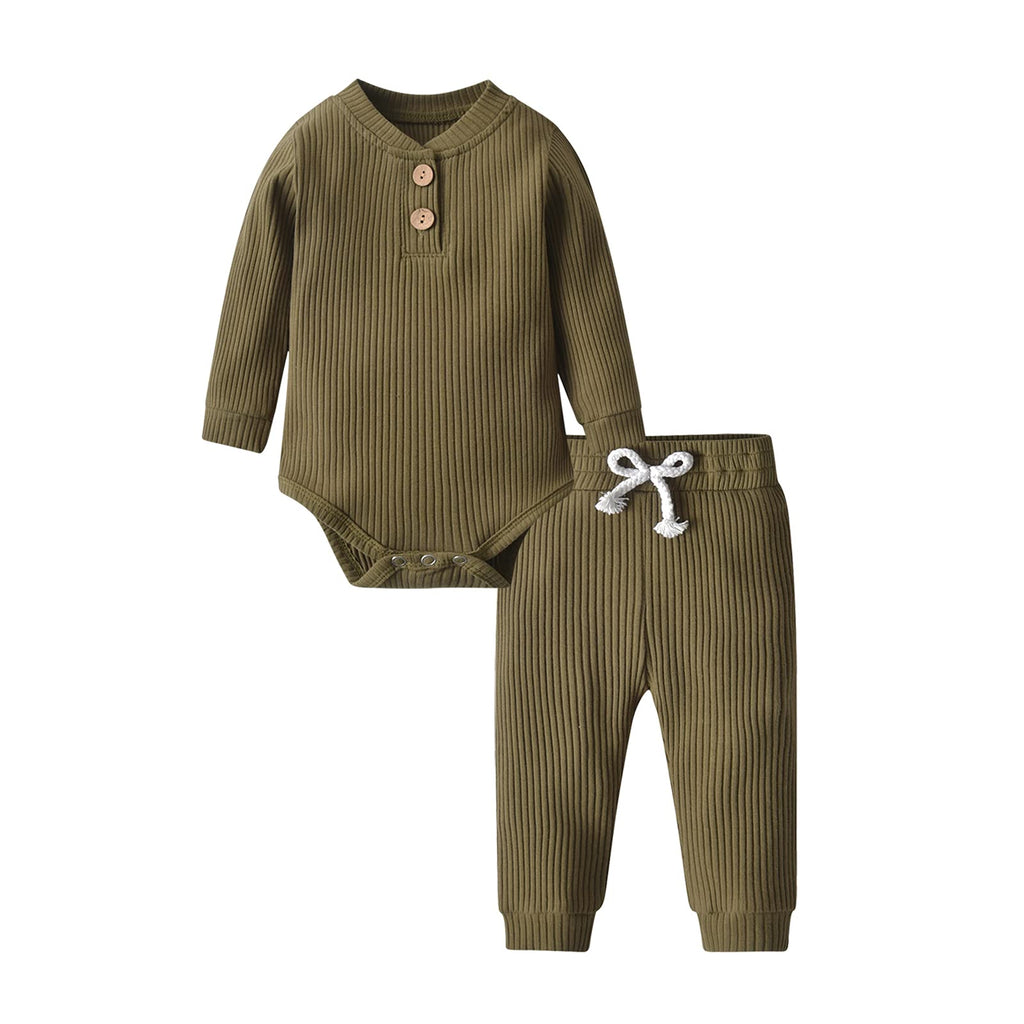 [Australia] - Newborn Baby Boy Girl Clothes Ribbed Cotton Long Sleeve Romper and Pants Outfits Set Army Green Newborn 