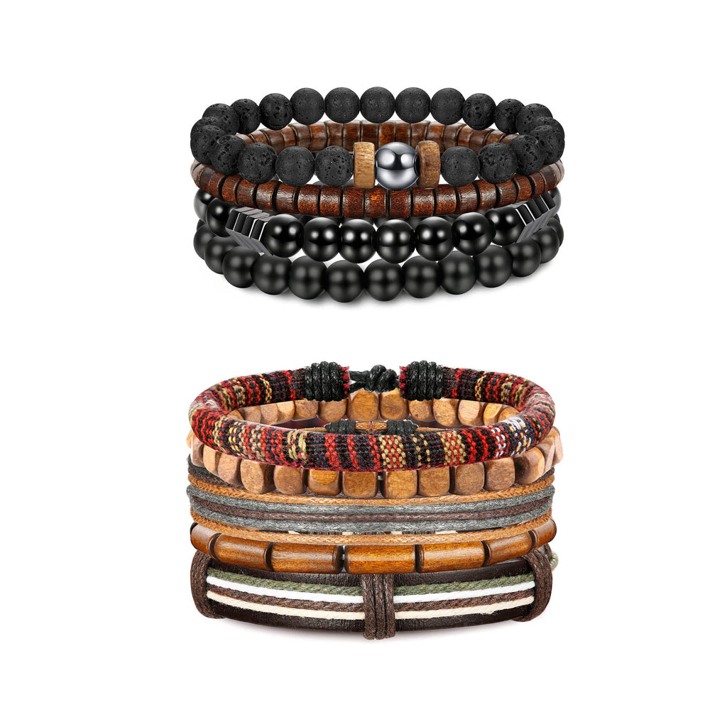 [Australia] - FIBO STEEL 8-9 Pcs Braided Leather Bracelets for Men Women Wrap Tiger Eye Lava Rock Beads Bracelet Woven Ethnic Tribal Rope Wristbands Bracelets Set Adjustable 9 Pcs black magnet 