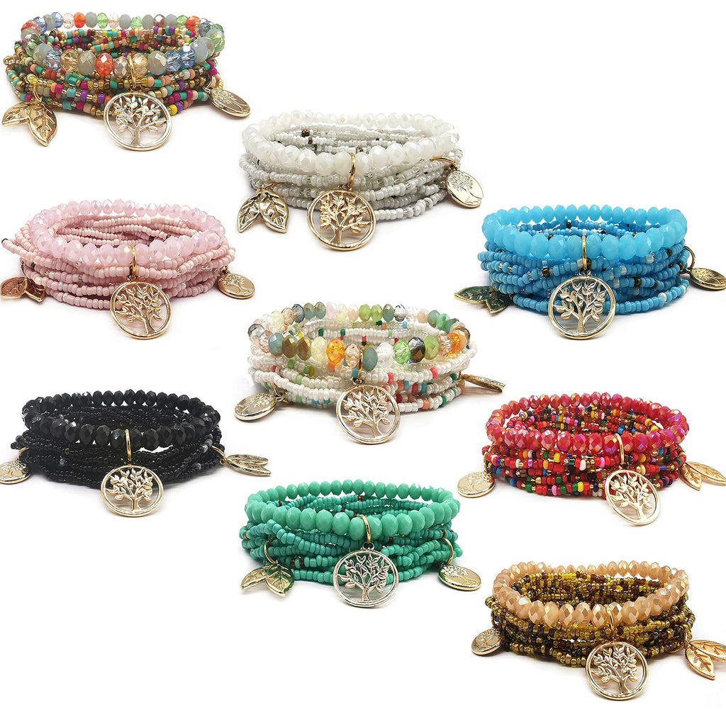 [Australia] - Jewdreamer 9 Pack Bohemian Stackable Beaded Bracelets for Women Boho Multilayer Stretch Bracelet Set Charm Tassel Pendant Acrylic Beaded Tree of Life Stretch Bangles Bulk 