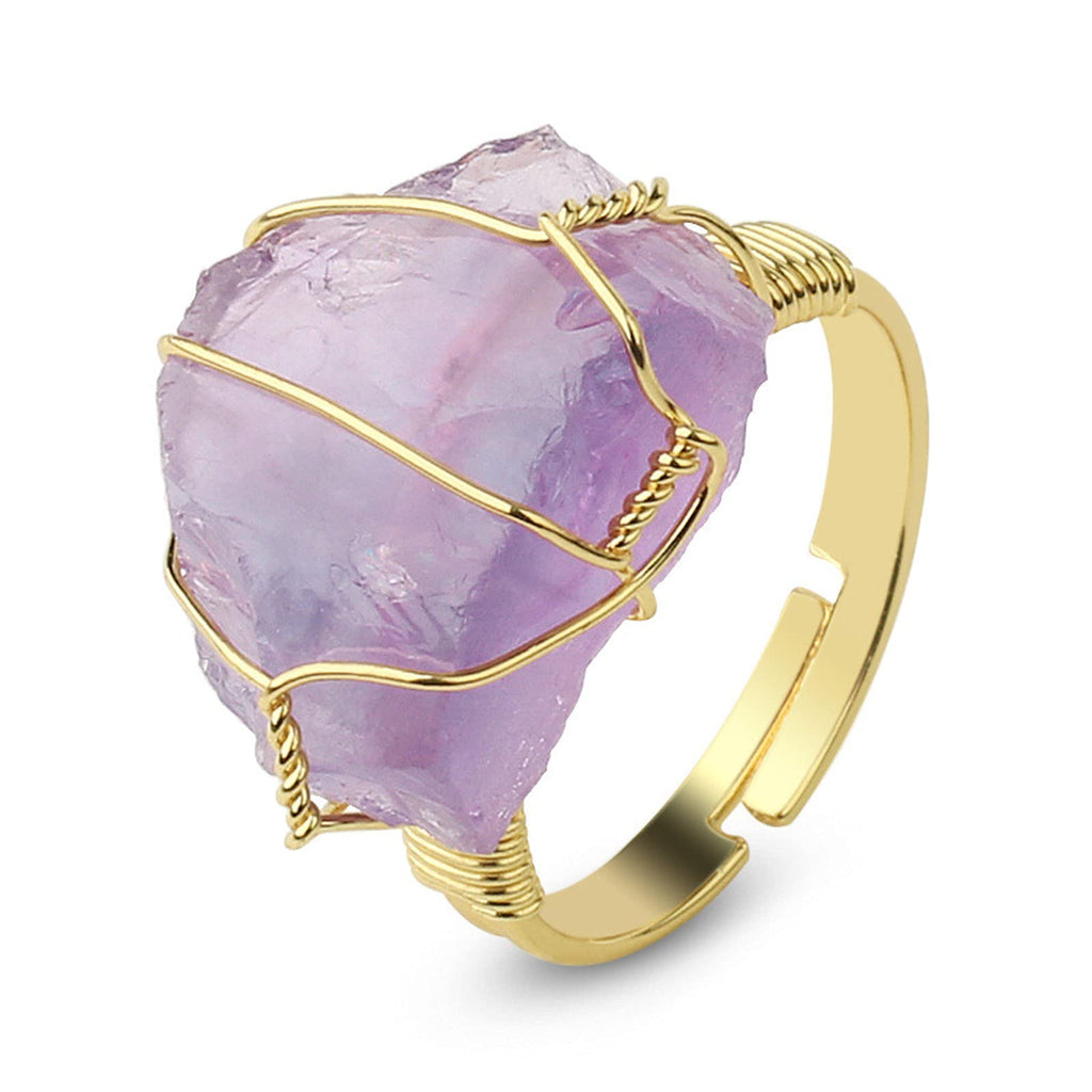 [Australia] - Colorful Personality Chakra Wire Wraped Natural Stone Crystal Finger Ring for Women Girl Men Boy Rock Clear Quartz Gemstone Amethyst Opening Adjustable Ring Healing Jewelry Gift A purple 
