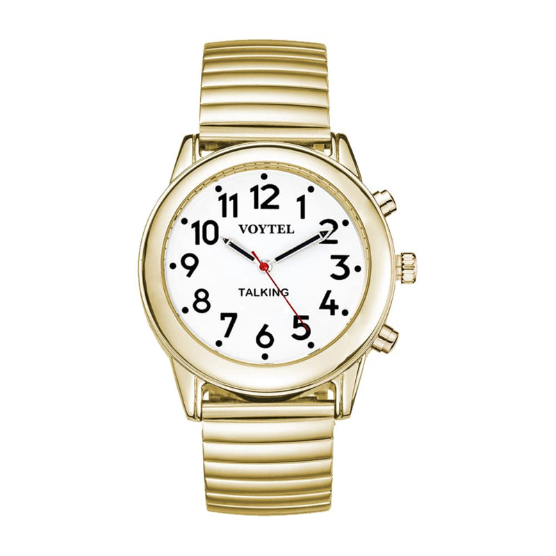 [Australia] - MAUJOY Quality Clear and Loud Voice American Voice Accent Ladies Golden Talking Watch Speaks The Time, Date or Alarm time for Elderly, Impaired Sight or Blind. White Face-Black Numbers-Expansion Band 