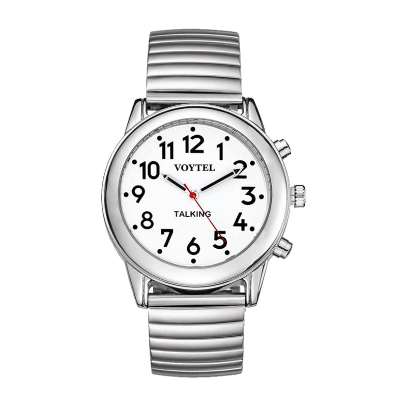 [Australia] - MAUJOY Clear and Loud American Accent Voice Ladies Talking Watch Speaks The Time, Date or Alarm time for Elderly, Impaired Sight or Blind. White Face-Black Numbers-Expansion Band 