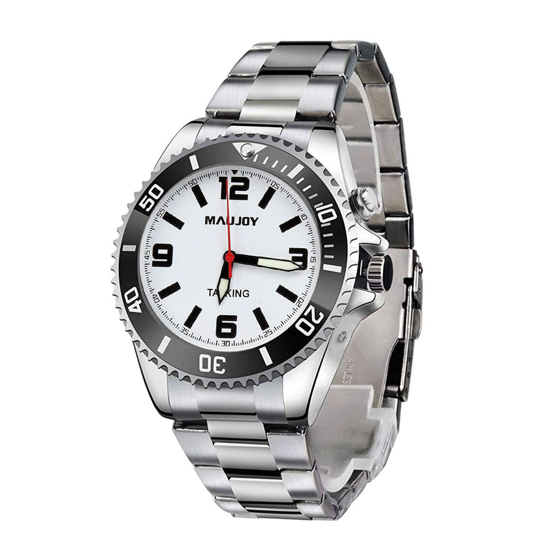 [Australia] - MAUJOY Quality Clear and Loud Voice Unisex Talking Watch Speaks The Time, Date or Alarm time for Elderly, Impaired Sight or Blind. White Face-Black Numbers-Expansion Band 