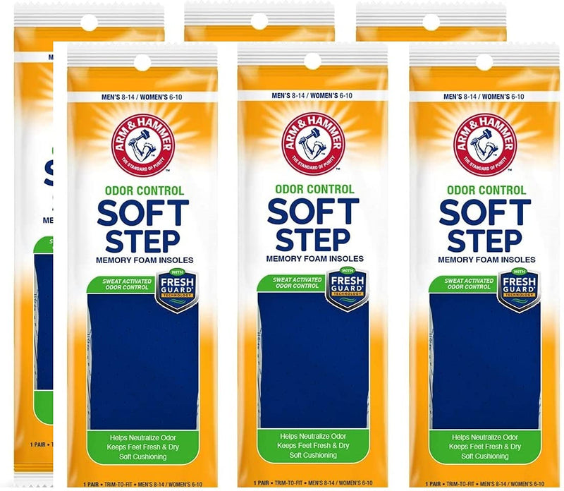[Australia] - Arm & Hammer Odor Control Soft Step Insoles, Memory Foam Insoles for Men, Memory Foam Insoles for Women, Best Insoles for Standing All Day, Foot Inserts, Shoe Inserts Men and Women -6 Pairs 6 pair 