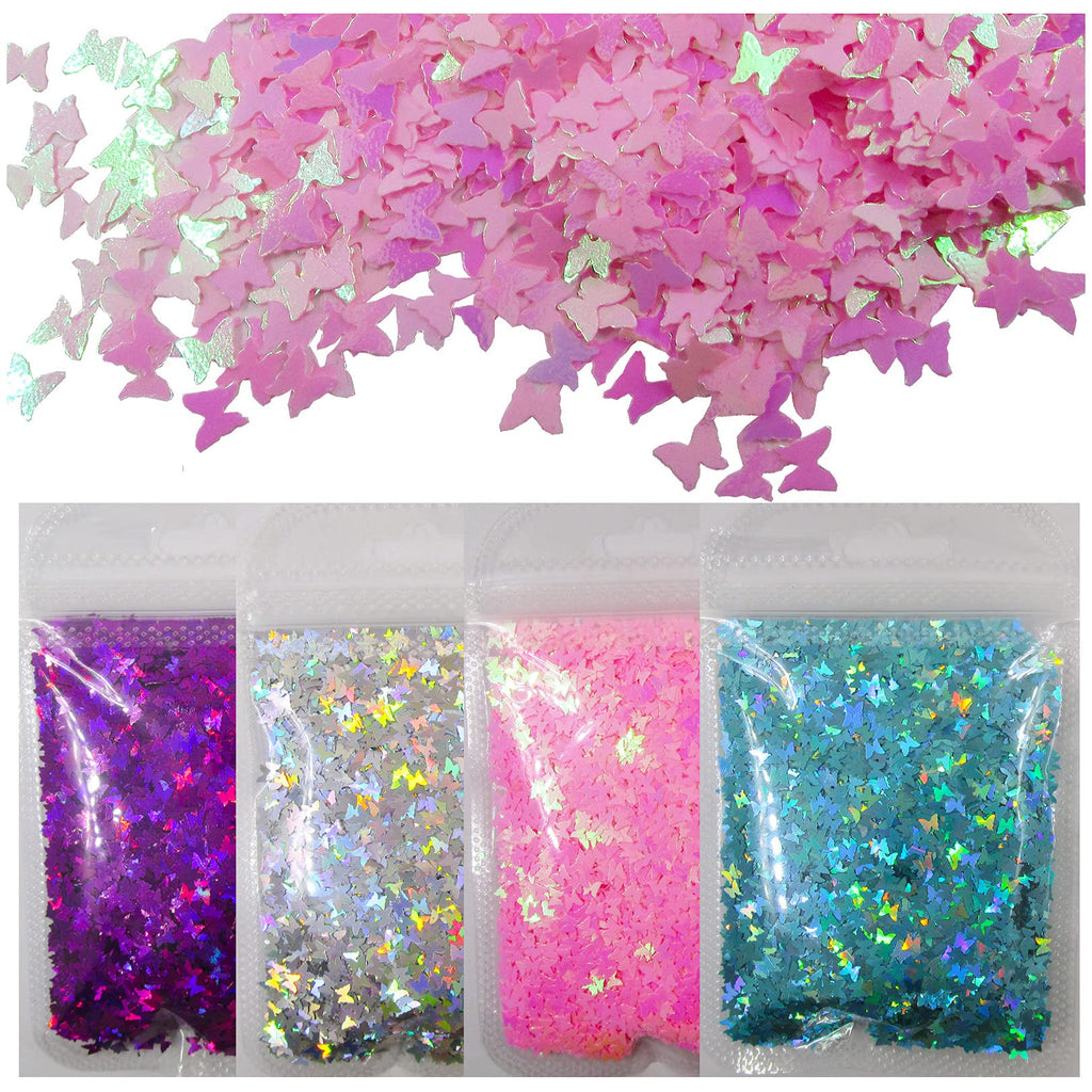 [Australia] - Lifextol 4Pack 40g Butterfly Chunky Glitter Flakes Iridescent Pink Holographic Blue Makeup Nail Glitter Sequins Set Festival Body Craft Resin Glitter Accessories (Butterfly) 