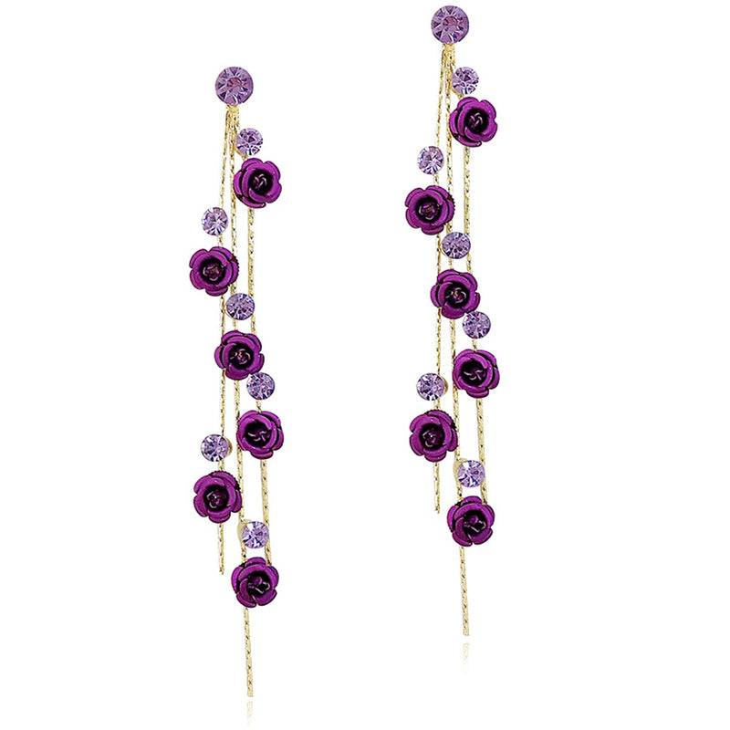 [Australia] - ANDPAI Unique Chic Long Tassel Chain Red Purple Rose Flower Dangle Drop Stud Earrings with White Sparkly Crystal for Women Girls Statement Jewelry Gifts 