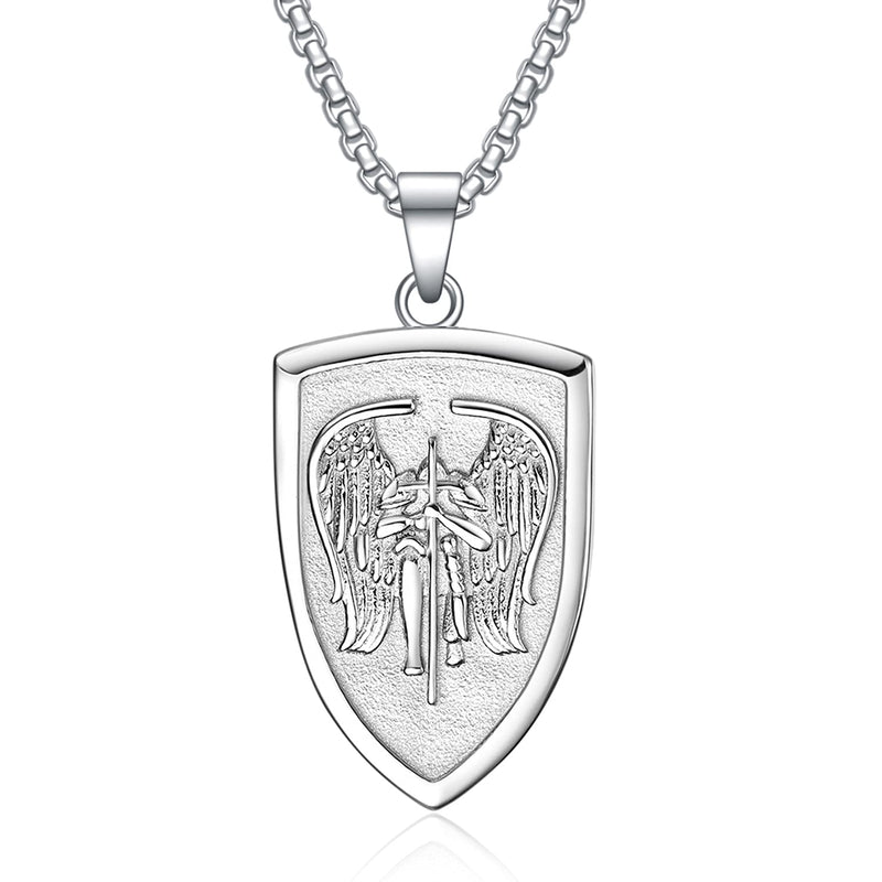 [Australia] - Stainless Steel Archangel St. Michael Saint Medal Pendant Necklace Guardian Angel Shield Amulet Jewelry Gifts for Men Boys Silver 