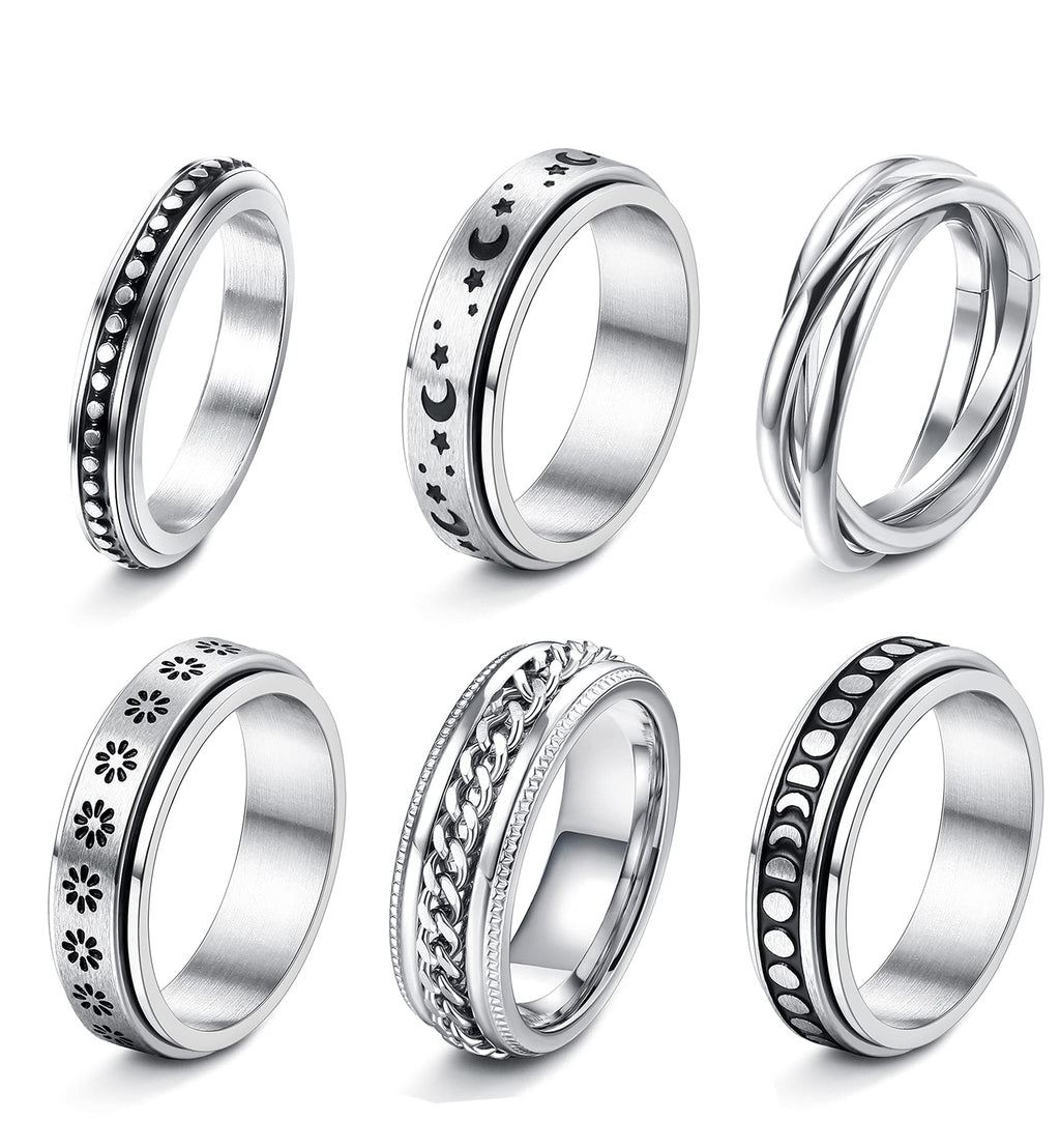 [Australia] - Fiasaso 6 Pcs Anxiety Ring for Women Men Teen Stainless Steel Fidget Rings Set Moon Star Spinner Rings Fidget Rings for Anxiety 5 