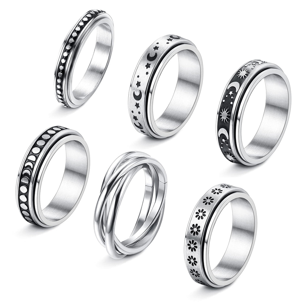 [Australia] - Jstyle 6Pcs Stainless Steel Spinner Ring for Women Men Triple Interlocked Rolling Flower Moon Star Fidget Band Rings for Stress Relieving Wedding Promise #5 