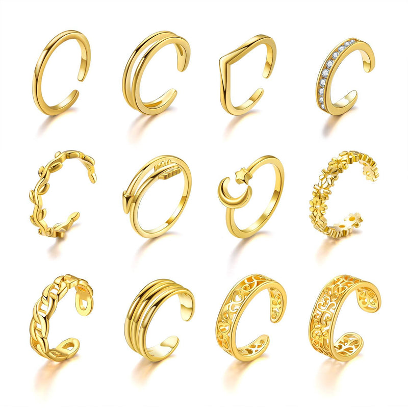 [Australia] - Senteria 12PCS Adjustable Toe Rings for Women 14K Gold Plated CZ Chain Flower Arrow Star Moon Hallow Open Toe Ring Set for Women Summer Beach Foot Jewelry Gold-tone 