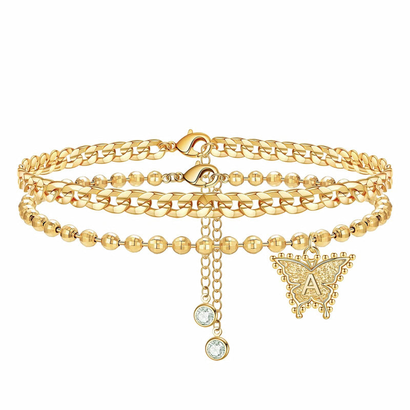 [Australia] - Ankle Bracelets for Women , 14K Gold Plated Double Layered Anklets for Women Cute Initial Butterfly Anklets Foot Jewelry for Women Teen Girls A 