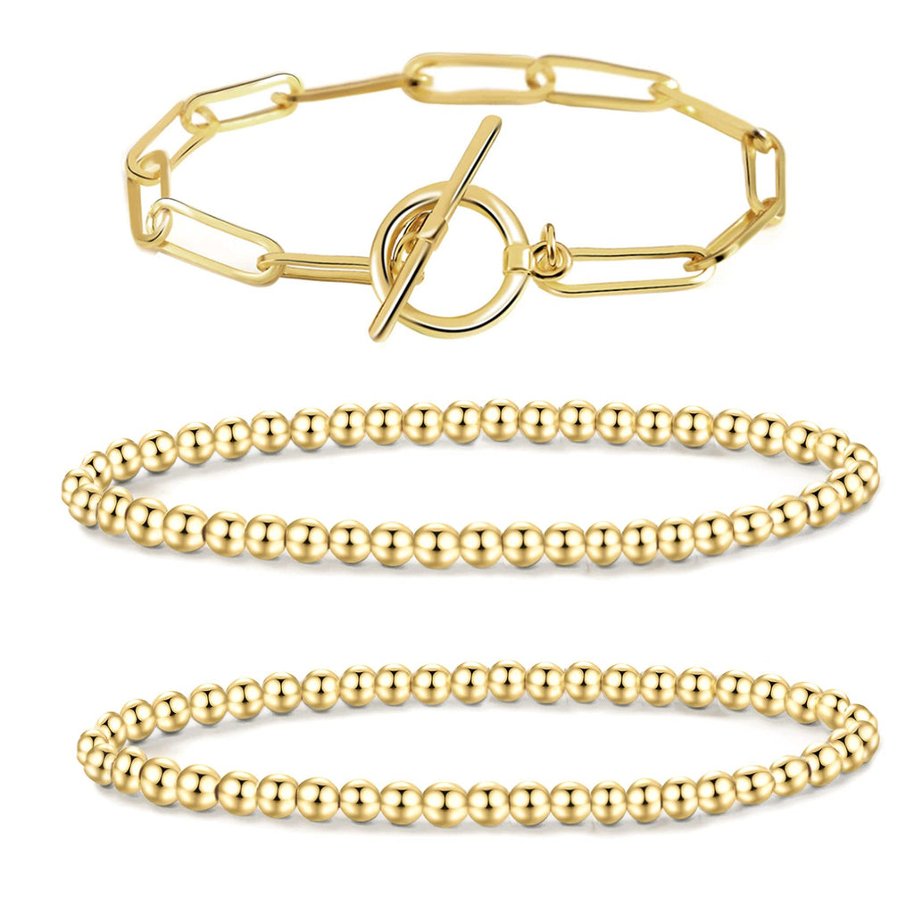 [Australia] - MOROTOLE 5 Pcs 14K Gold Plated Bead Ball Bracelet – Gold Beaded Bracelets for Women Stackable Stretch Elastic Bracelet Jewelry Gifts 3pcs(2 bead+ 1 link) 