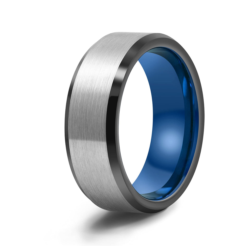 [Australia] - LerchPhi 8mm Brushed Gray Tungsten Carbide Mens Ring, Matte Finished with Polished Black Bevelled Edge and Blue Inner, Comfort Fit Wedding Band 6 Black Edge Tungsten Ring 