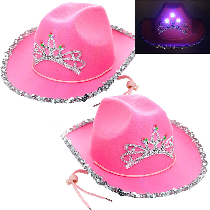 [Australia] - GIFTEXPRESS 2 Pcs CHILD LED Blinking Pink Tiara Cowboy hat - CHILD SIZE 