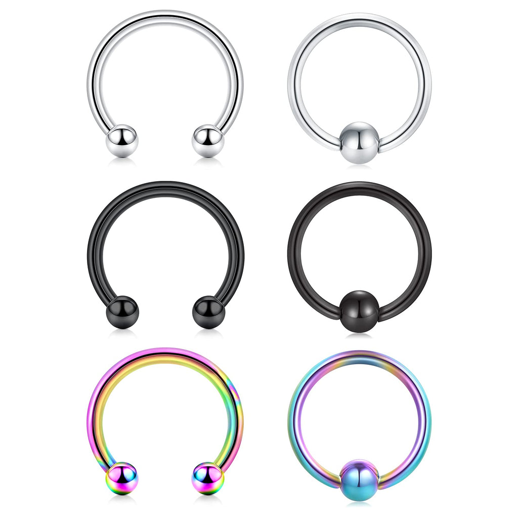 [Australia] - D.Bella 20G 18G 16G 14G Attached Captive Bead Ring Horseshoe Rings Surgical Steel Septum Nose Eyebrow Lip Belly Rings Cartilage Helix Tragus Chonch Rook Daith Hoop Earring Piercing Jewelry silver & rainbow & black 14g, 10mm inner 