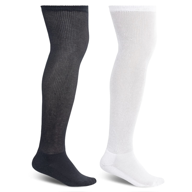 [Australia] - Athlemo Women&Men Bamboo Diabetic Socks 2 Pairs Loose Fit Non-Binding Over the Knee Seamless Breathable Anti-odor White/Black(2pairs) 10-13 