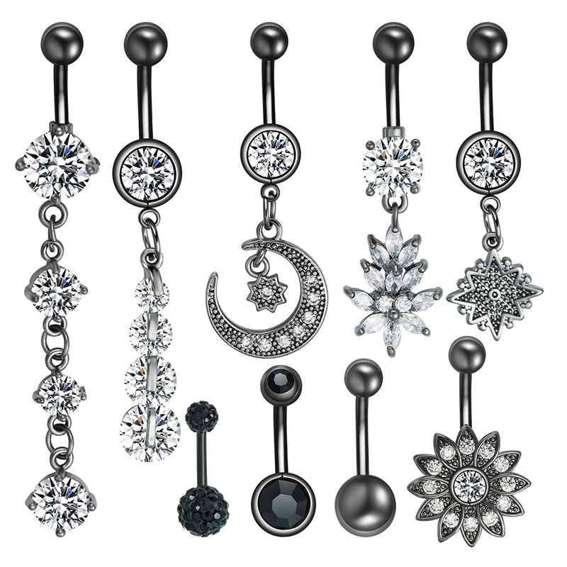 [Australia] - K&Y 9PCS 14G Stainless Steel Belly Button Rings Curved Barbell Piercing For Women Dangle Surgical Navel Rings Body Piercing Jewelry Black 