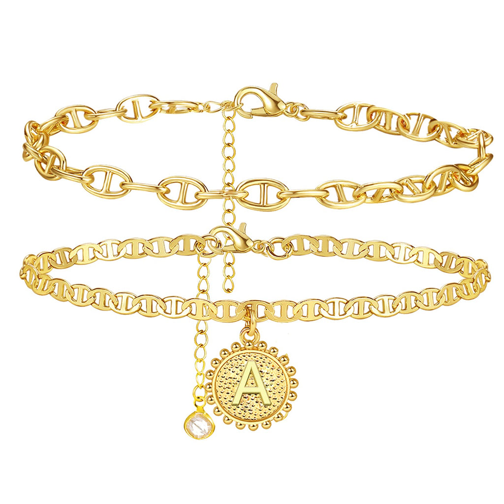 [Australia] - Initial Ankle Bracelets for Women Gold Plated Double Layered Dainty Letter Cuban Link Anklets for Teen Girls A 