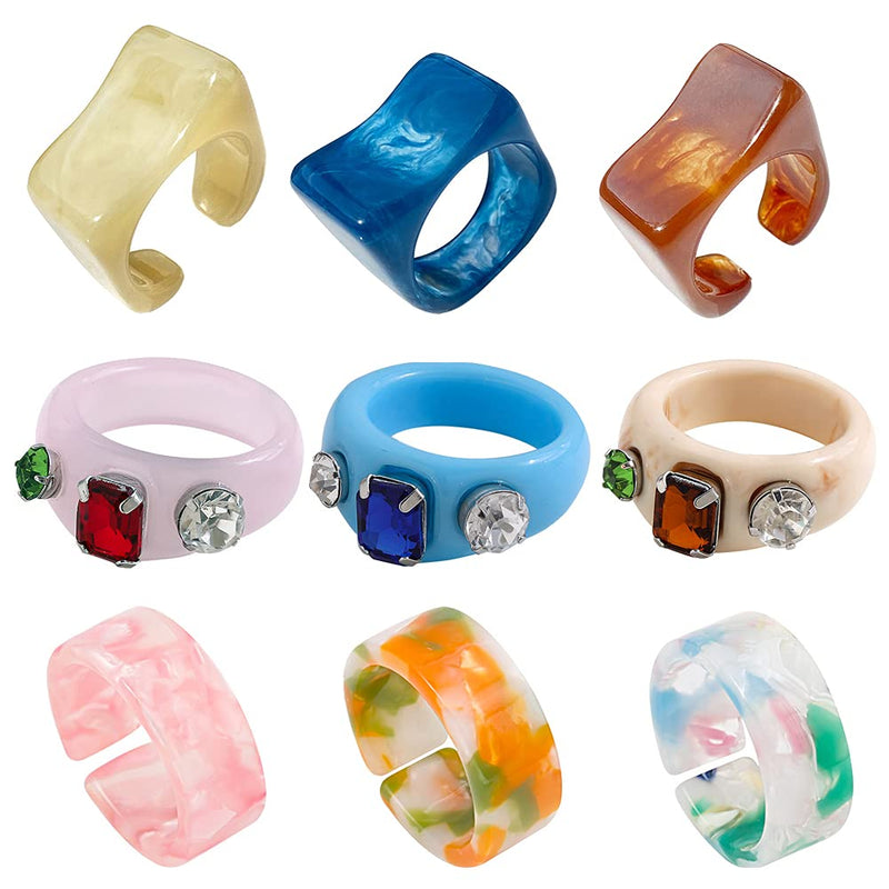 [Australia] - nylry 9/12 Pcs Resin Rings for Women Y2K Cute Plastic Colorful Ring Retro Acrylic Finger Ring Set Stackable Square Ring Adjustable Open Band Size 6 7 8 9 A 