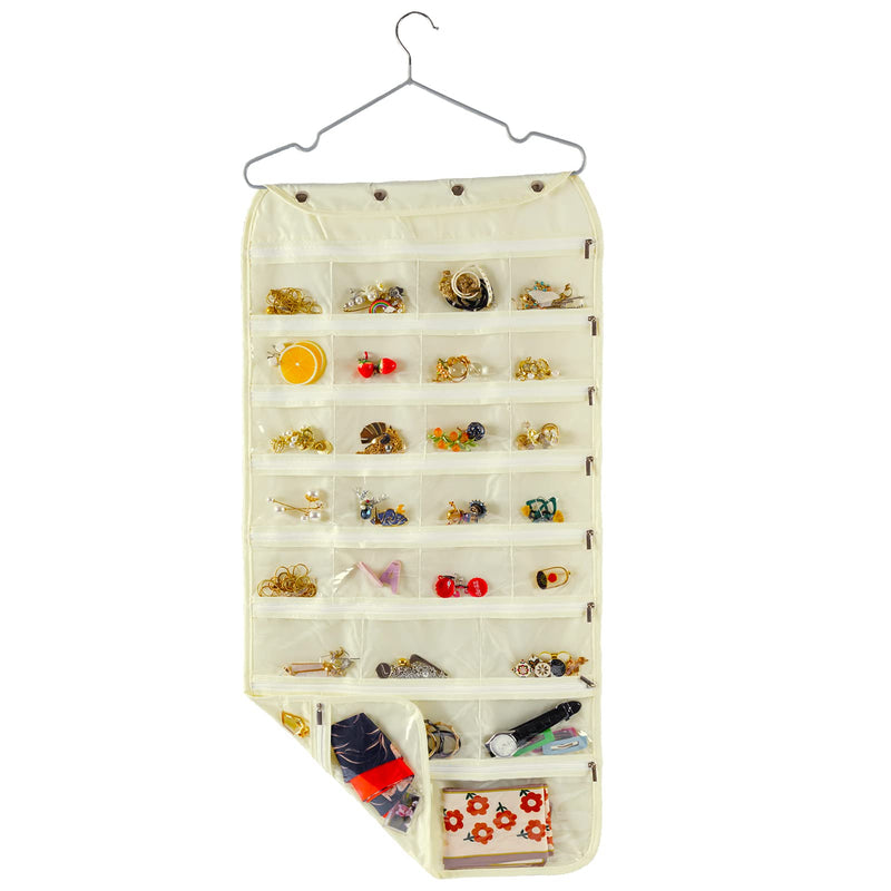 [Australia] - Hanging Jewelry Organizer, Double Sided 56 Pocket Jewelry Chain Storage Bag 2 Layer of Fabric Zipper Travel Jewelry Organizer Holder for Necklace Bracelet Earring Ring Chain Knitting Tool- Beige 