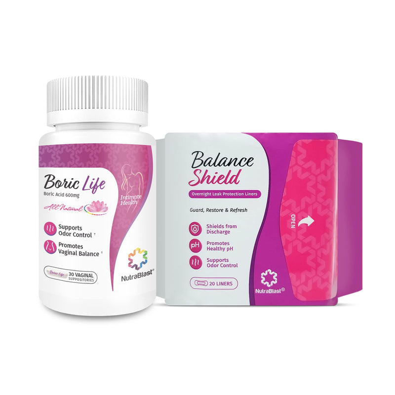 [Australia] - NutraBlast Boric Acid Vaginal Suppositories 600mg (30 Count) w/ Balance Shield Panty Liners (180mm, 20-Pack) | Discharge & Odor-Proof Layers | Charcoal-Infused Bamboo pH Balancing Core 